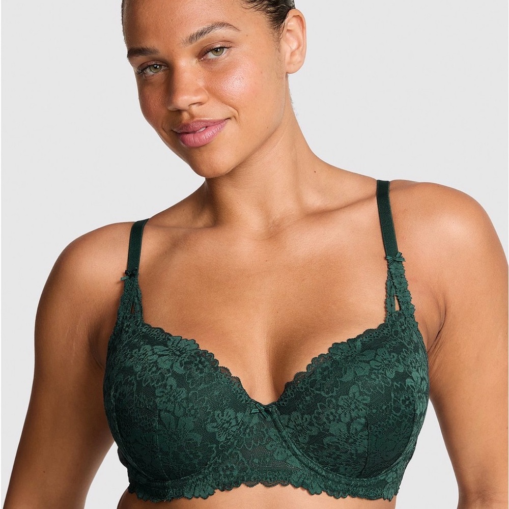 Winked lightly lined lace balconette bar- Deep Forest Green